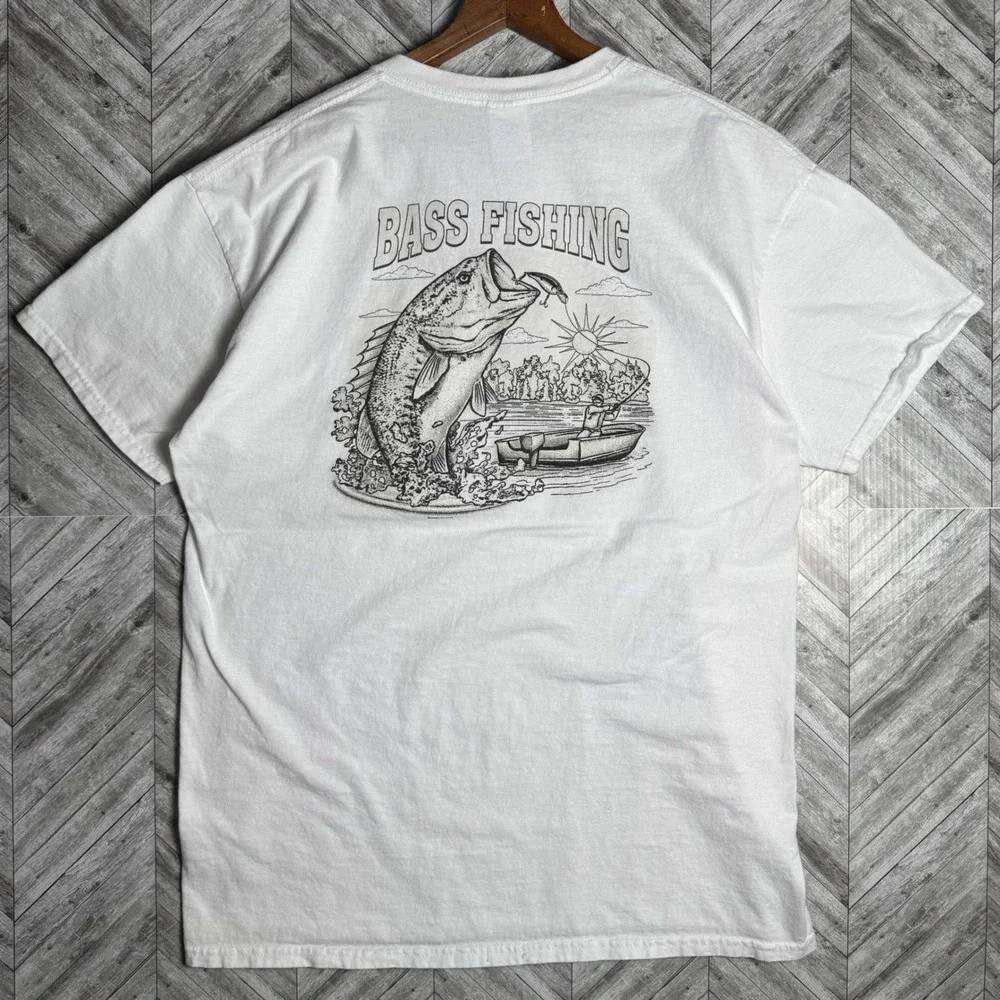 Gildan Y2K Santee Lakes Bass Fishing Graphic T-Shirt Mens L White Short Sleeve